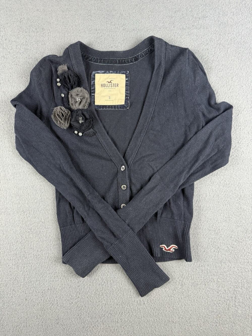 Hollister Y2K Vintage Sweater Flower Cardigan Button Up Bird Seagull Size Small